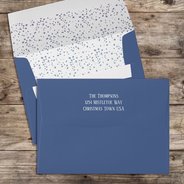 Joy to the World Calligraphy Script Matching 5x7 Envelope (Christmas holiday blue speckles envelope with return address)