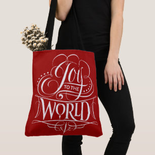 Joy to the World Christmas Calligraphy Red Tote Bag