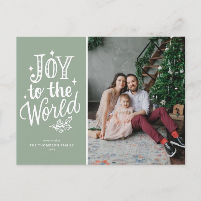Joy To The World Christmas Carol Sage Green Photo Holiday Postcard (Front)