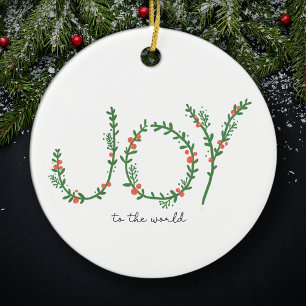 Joy to the World Christmas Green Wreath & Berries Ceramic Tree Decoration