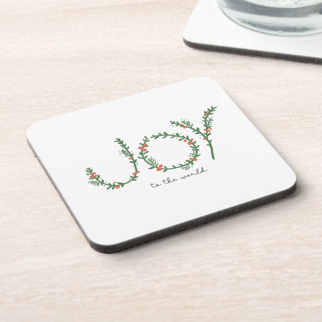 Joy to the World Christmas Green Wreath & Berries Coaster (Left Side)