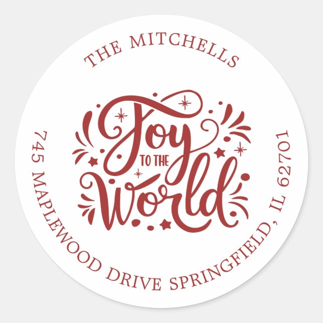 Joy to the World Christmas Holidays Red Script  Classic Round Sticker (Front)