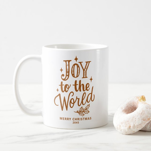 Joy to the World Christmas Lettering Burnt Orange Coffee Mug (With Donut)