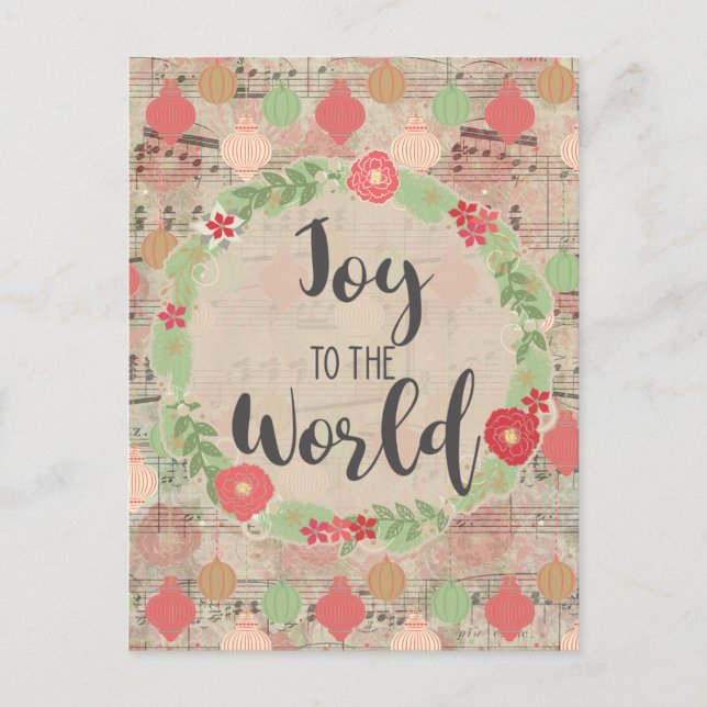 Joy To The World Christmas Music Floral Ephemera Postcard (Front)