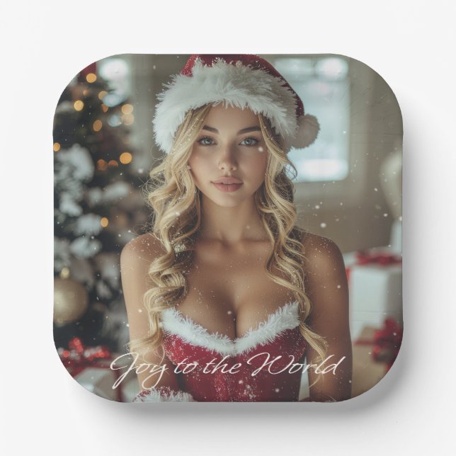 JOY TO THE WORLD - Christmas Santa Girl Paper Plate (Front)