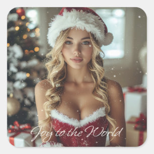 JOY TO THE WORLD - Christmas Santa Girl Square Sticker