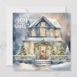 Joy to the World Christmas Snowy Night House  Holiday Card