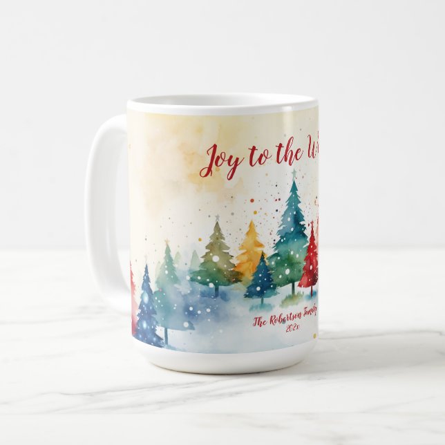 Joy to the World Colourful Trees Christmas Coffee Mug (Front Left)