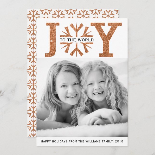 Joy to the world copper snowflake Christmas Holiday Card (Front/Back)