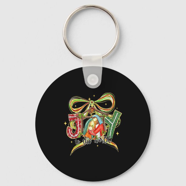 Joy To The World Coquette Bow Christmas Nativity C Key Ring (Front)