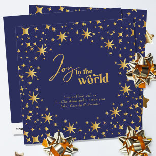 Joy to the World Elegant Blue and Gold Stars Holiday Card