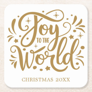 Joy to the World Elegant Gold Script Christian Square Paper Coaster