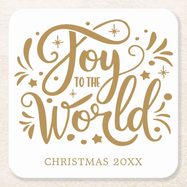 Joy to the World Elegant Gold Script Christian  Square Paper Coaster (Front)