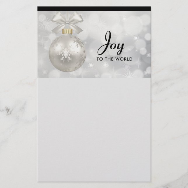 Joy to the World Elegant Silver Christmas Ball Stationery (Front)
