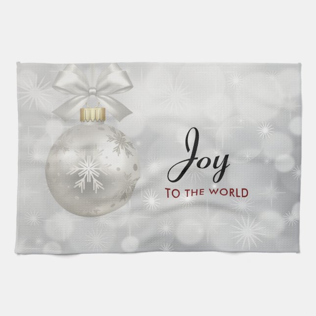 Joy to the World Elegant Silver Christmas Ball Tea Towel (Horizontal)