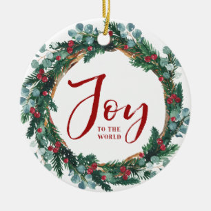 Joy to the World Evergreen Wreath Christmas Ceramic Tree Decoration