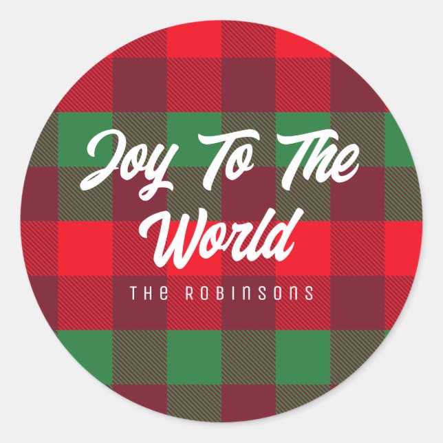Joy To The World Family Christmas Buffalo Plaid Classic Round Sticker (Front)
