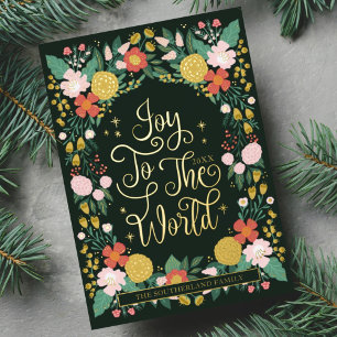 Joy To The World Floral Garden Elegant Photo Frame Foil Holiday Card