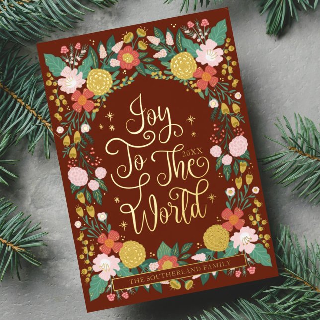 Joy To The World Floral Garden Elegant Photo Frame Foil Holiday Card (Joyful Botanical Floral Garden Elegant Photo Frame Foil Holiday Card)