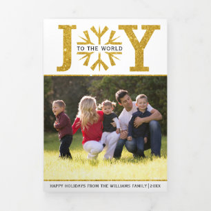Joy to the world gold glitter snowflake Christmas Tri-Fold Holiday Card