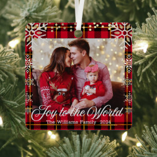joy to the world,gold snowflakes red family photo  metal tree decoration