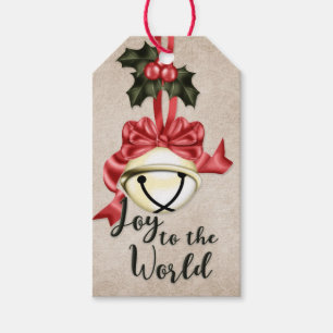 Joy to the World Golden Bell with Red Bow Gift Tags