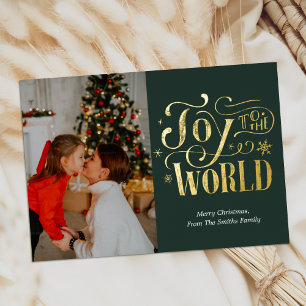 Joy to the World Green Gold Calligraphy Photo Foil Holiday Card