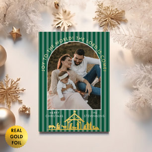 Joy To The World Green Nativity Christmas Photo Foil Holiday Card