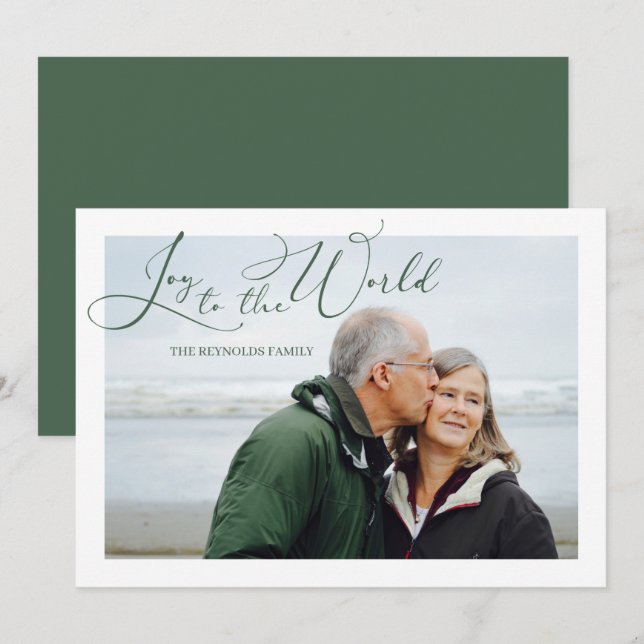 Joy to the World Green Photo Christmas Holiday Card (Front/Back)