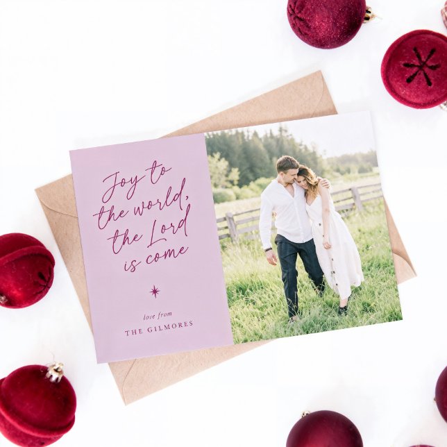Joy to the World Handwriting Religious Christmas Holiday Card ("Joy to the World" handwritten Christmas photo card in pink)