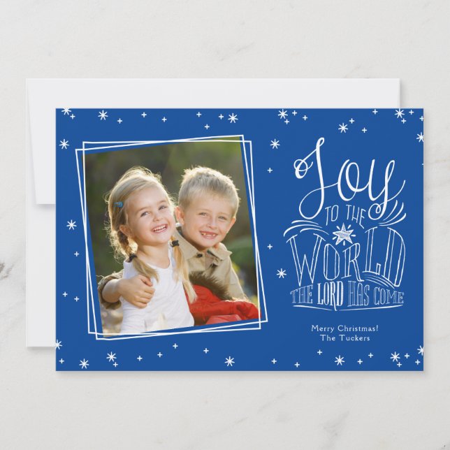 Joy to the World Handwritten Blue Photo Christmas Holiday Card (Front)