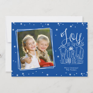 Joy to the World Handwritten Blue Photo Christmas Holiday Card