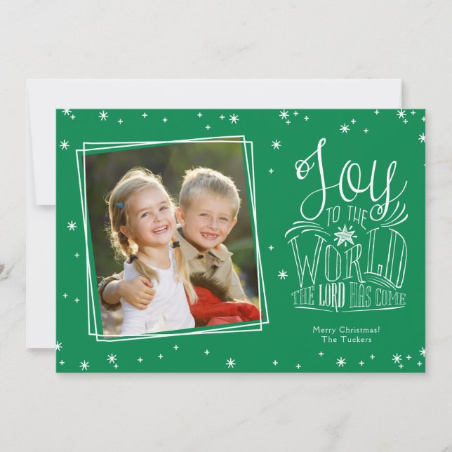 Joy to the World Handwritten Green Photo Christmas Holiday Card (Front)