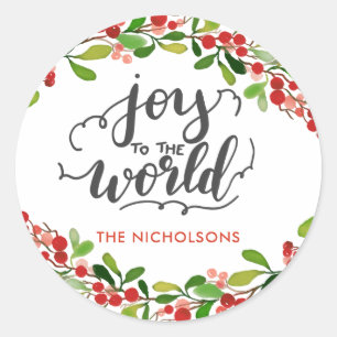 Joy To The World   Handwritten Holiday Wreath Classic Round Sticker