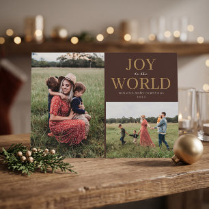Joy to the World Holiday Photo Collage - Brown Card