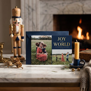 Joy to the World Holiday Photo Collage Foil - Navy