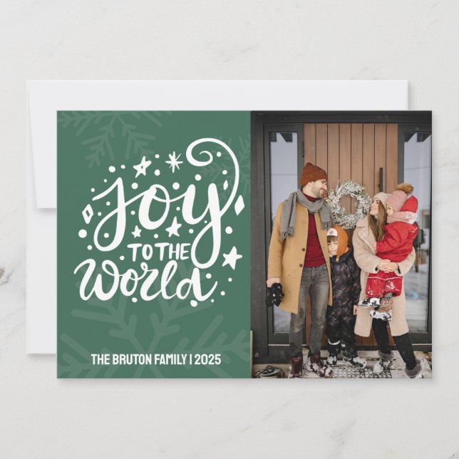 Joy to the World Large Photo Green Christmas  Holiday Card (Front)