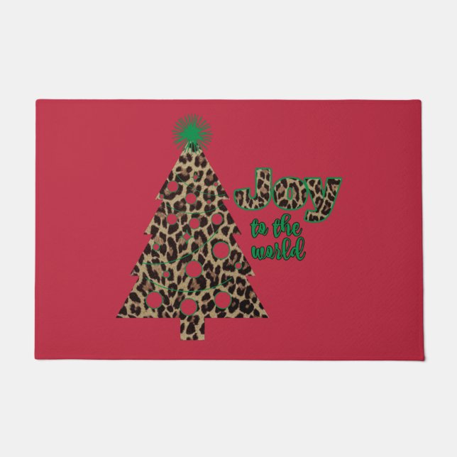 Joy to the world leopard print Christmas tree Doormat (Front)