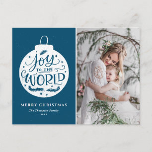 Joy To The World Lettering Blue Christmas Photo Holiday Postcard