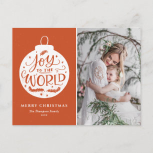 Joy To The World Lettering Orange Christmas Photo Holiday Postcard