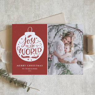 Joy To The World Lettering Red Christmas Photo Holiday Card
