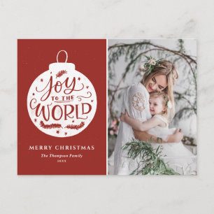 Joy To The World Lettering Red Christmas Photo Holiday Postcard