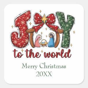 Joy to the World Merry Christmas Manger Scene Square Sticker