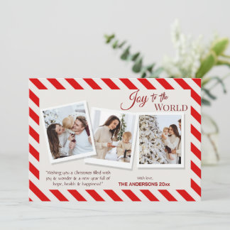 Joy to the world modern 3 family photos cute red holiday card