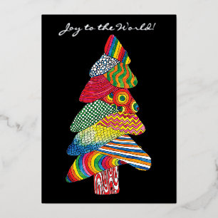 Joy to the World Modern Christmas Tree Foil Holiday Card