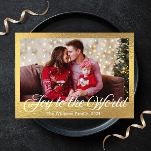 joy to the world,modern script gold foil photo holiday card
