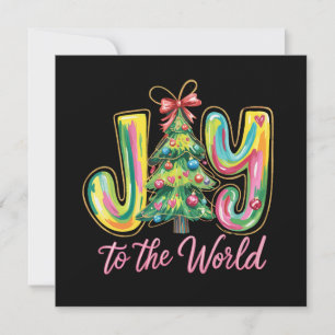 Joy To The World Neon Christmas Tree Brushstroke  Holiday Card
