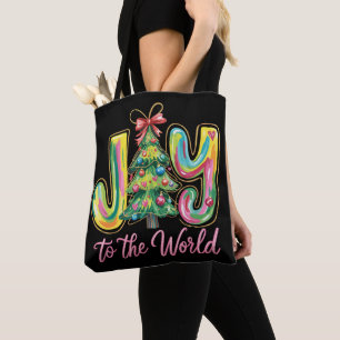 Joy To The World Neon Christmas Tree Brushstroke  Tote Bag