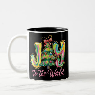 Joy To The World Neon Christmas Tree Brushstroke  Two-Tone Coffee Mug