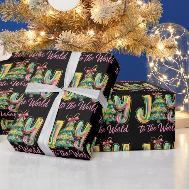 Joy To The World Neon Christmas Tree Brushstroke  Wrapping Paper (Holidays)